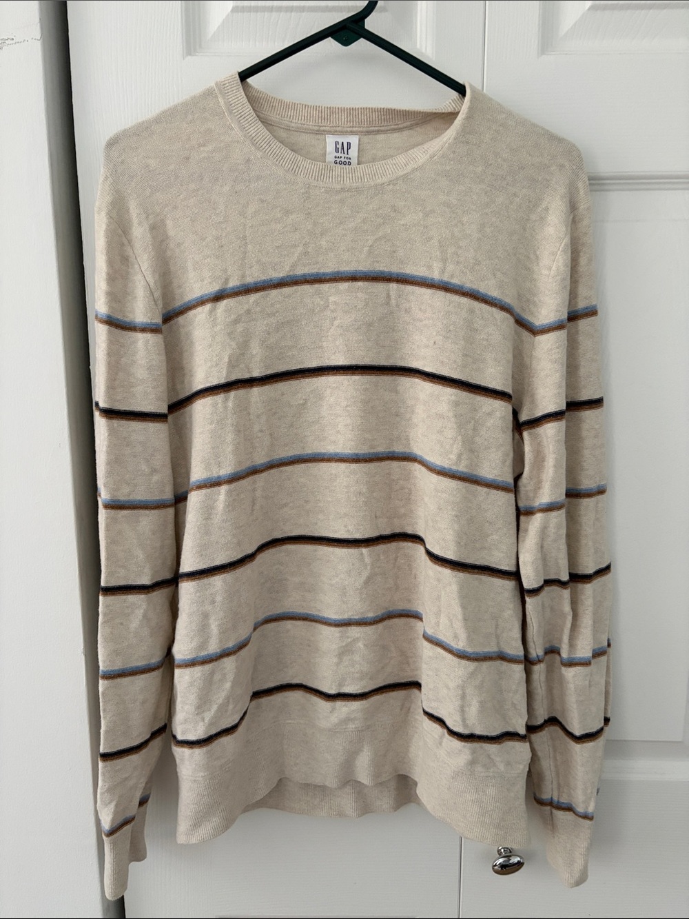 GAP Cream Crewneck Sweater with Brown and Light Blue Stripes